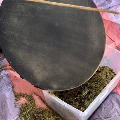 Dry sift screen with CBD kief caught on the mesh