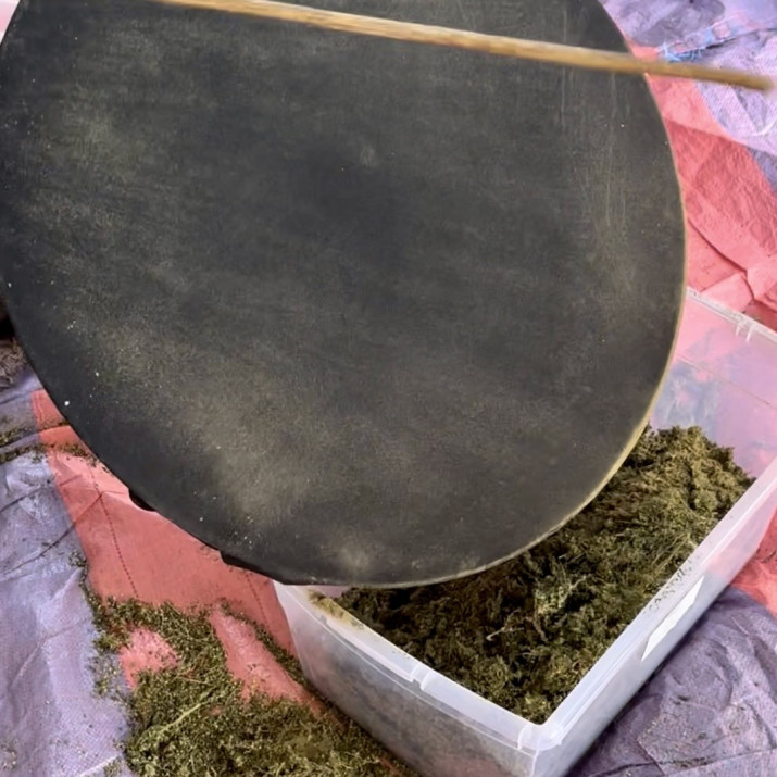 Tamis de tamisage à sec avec du kief de CBD retenu sur la maille